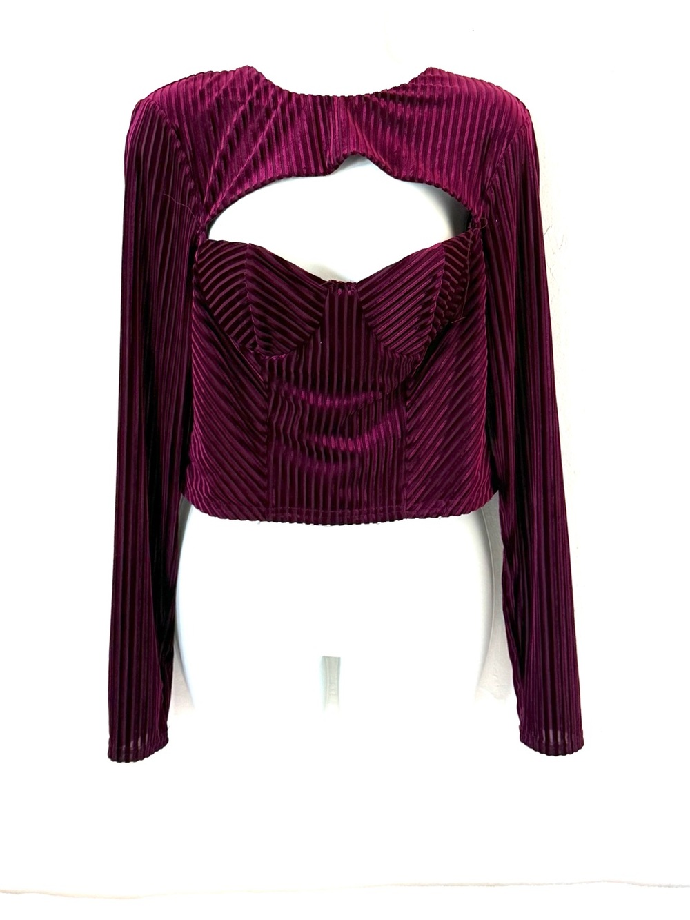 Lulu's Burgundy Velvet Long Sleeve Crop Top with Cutout